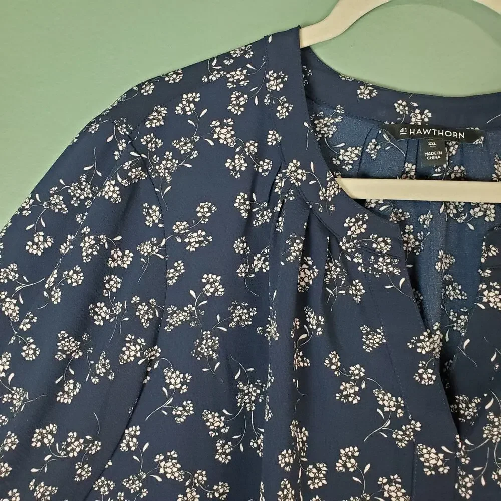 41 Hawthorn Women Morey Split Neck 3/4 Sleeve Blouse Navy Size XXL